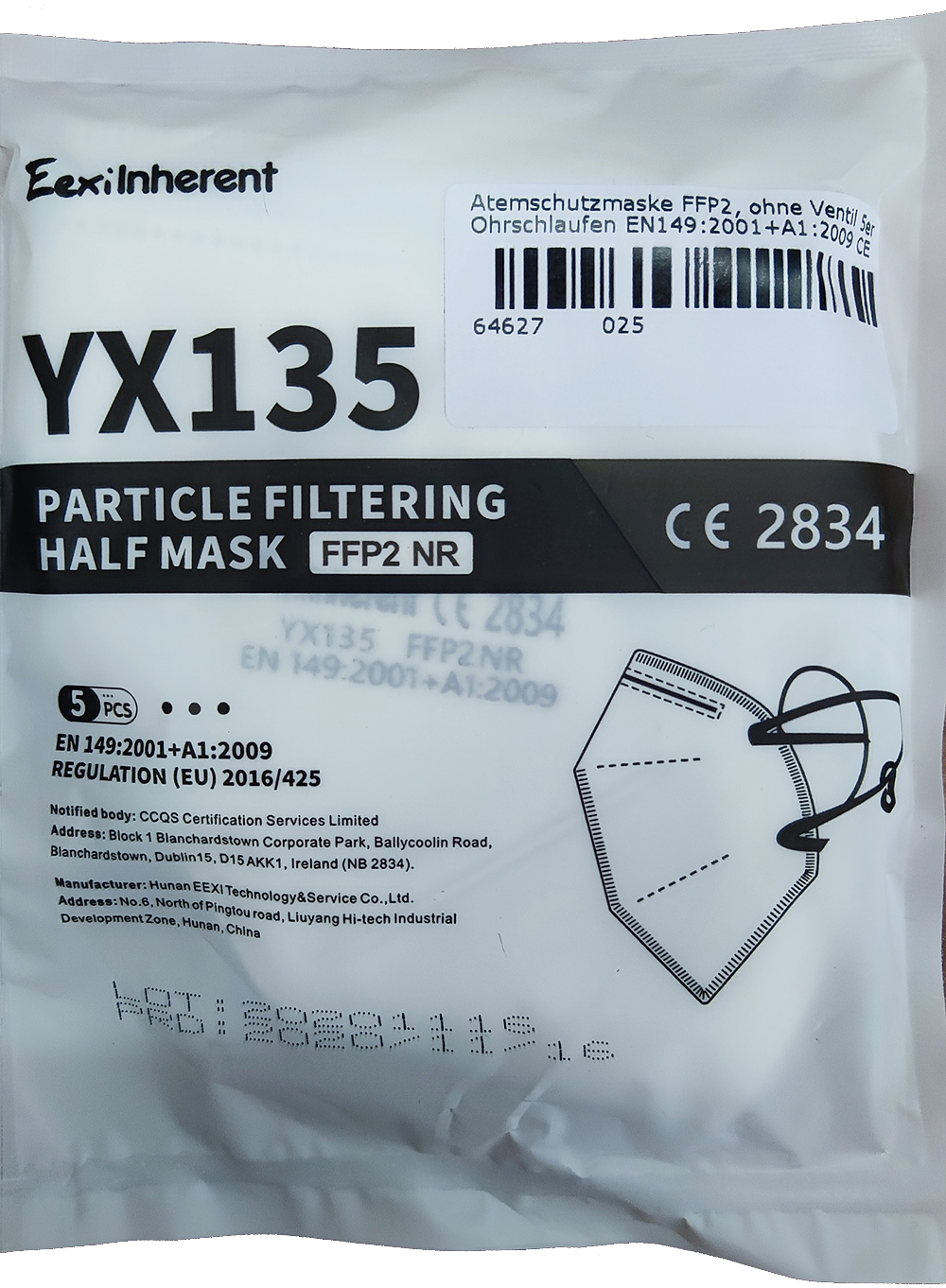 5 FFP2 Atemschutzmasken ohne Ventil, zertifiziert nach EN149:2001+A1:2009, CE zertifiziert